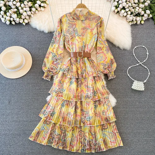 Women's Swing Dress Vintage Style Standing Collar Long Sleeve Printing Midi Dress Banquet