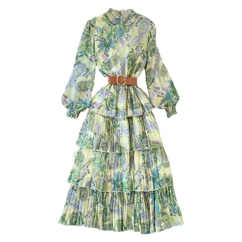 Women's Swing Dress Vintage Style Standing Collar Long Sleeve Printing Midi Dress Banquet