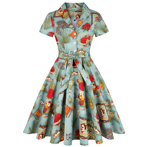 Women's Vintage Style Turndown Printing Short Sleeve Printing Midi Dress Street