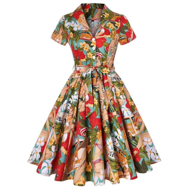 Women's Vintage Style Turndown Printing Short Sleeve Printing Midi Dress Street