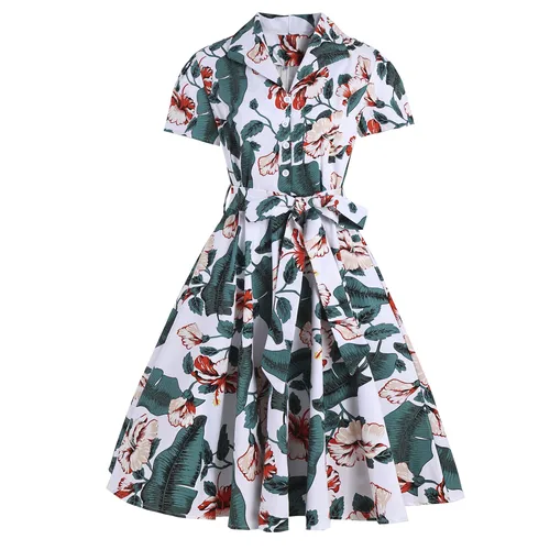 Women's Vintage Style Turndown Printing Short Sleeve Printing Midi Dress Street