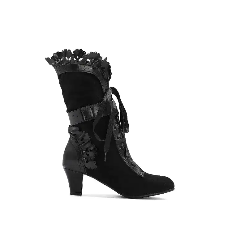 Women's Carved Pu Leather Pointed Toe Ruffles Lace Up Bow Tie Puppy Heel Ankle Boots