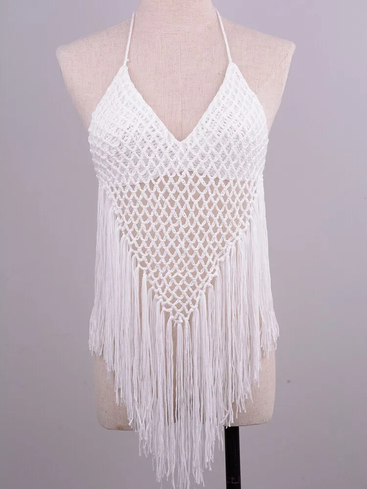 Women's Cotton Hollow Out Tassel Mid-Waist Cover-Up Beachwear