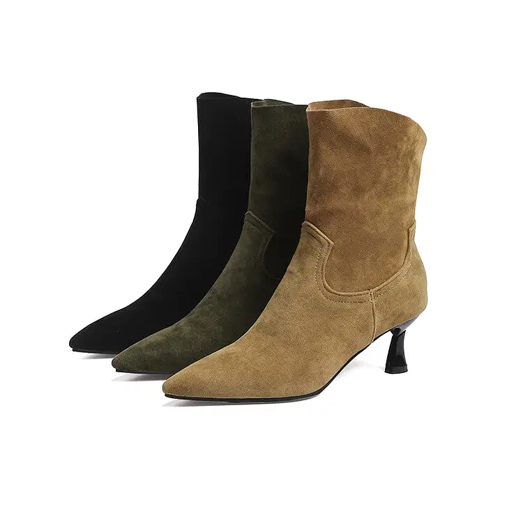 Women's Flock Pointed Toe Stitch Spool Heel Ankle Boots