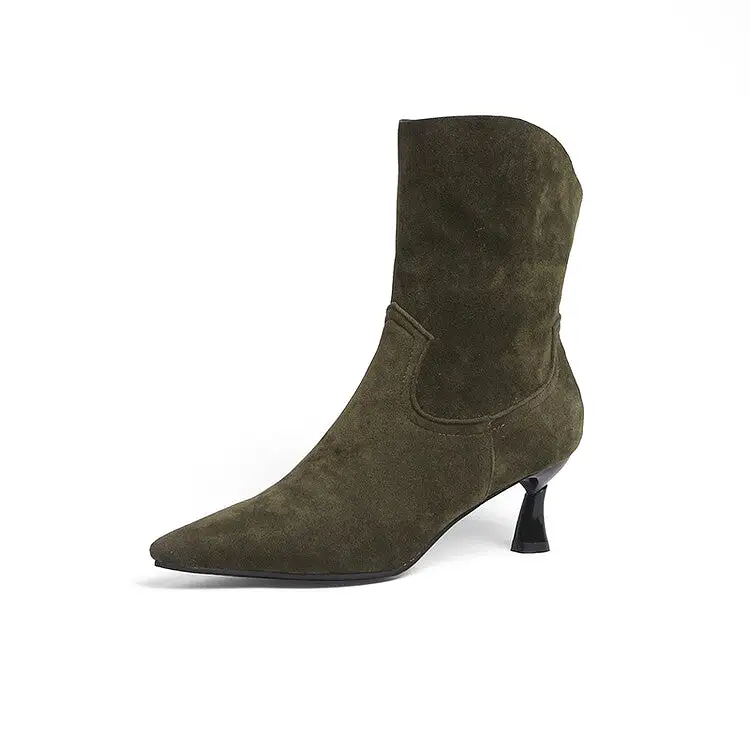 Women's Flock Pointed Toe Stitch Spool Heel Ankle Boots