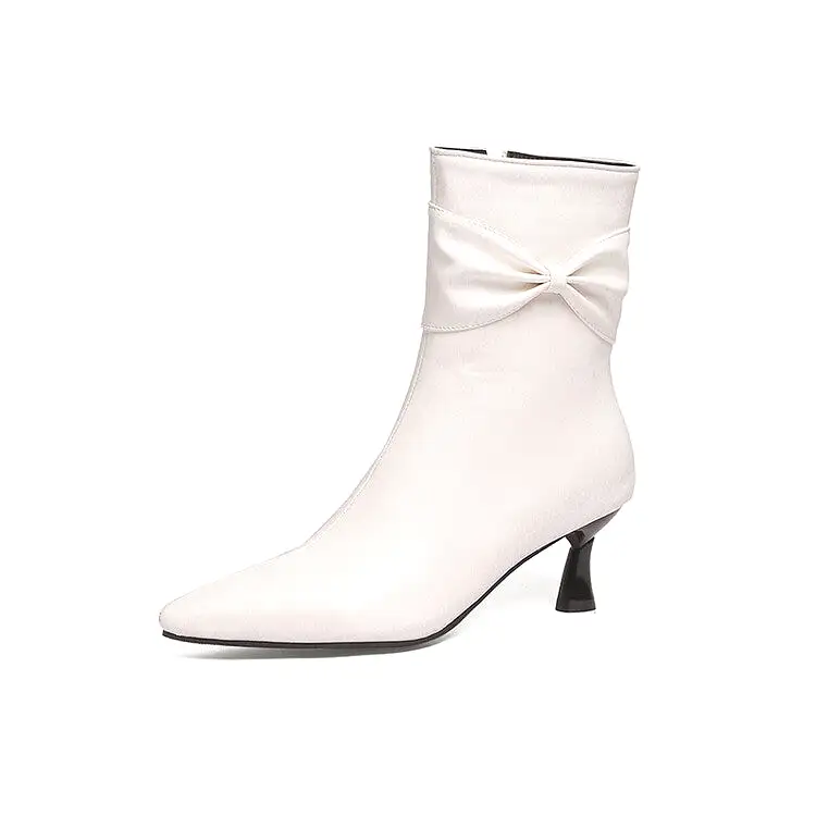 Women's Pu Leather Pointed Toe Side Bow Tie Spool Heel Ankle Boots