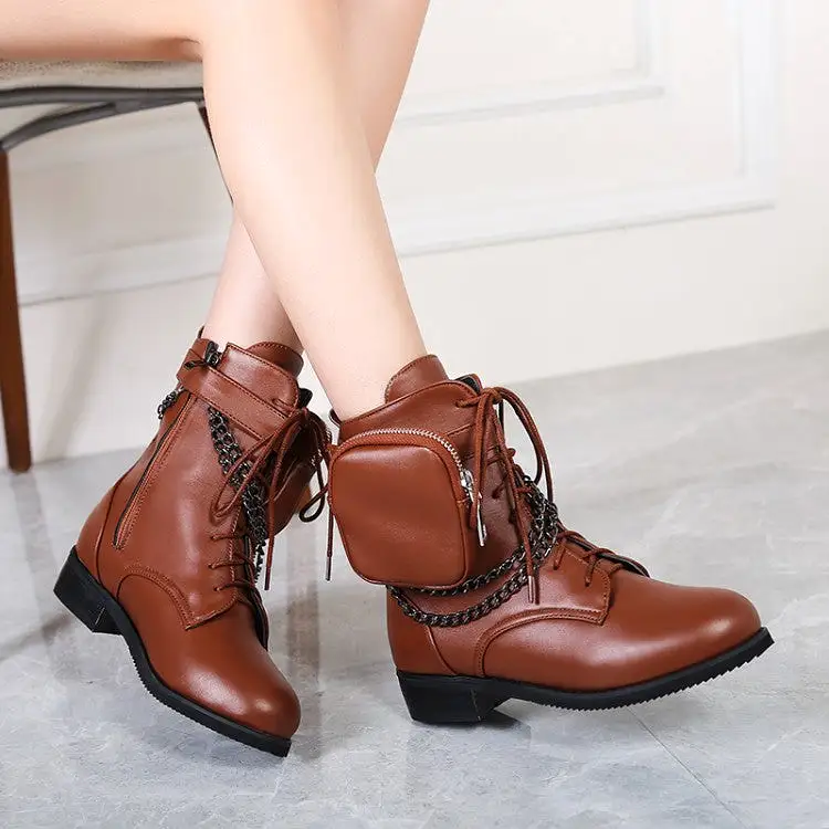 Women's Pu Leather Round Toe Metal Chains Lace Up Zippers Pocket Block Chunky Heel Ankle Boots