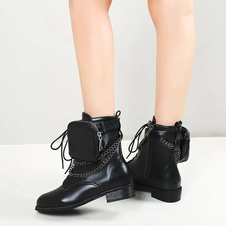 Women's Pu Leather Round Toe Metal Chains Lace Up Zippers Pocket Block Chunky Heel Ankle Boots