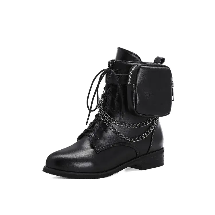 Women's Pu Leather Round Toe Metal Chains Lace Up Zippers Pocket Block Chunky Heel Ankle Boots