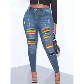 Women's Sexy Ripped Rainbow Printed Patchwork High Rise Skinny Pants