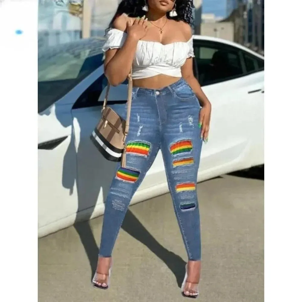 Women's Sexy Ripped Rainbow Printed Patchwork High Rise Skinny Pants