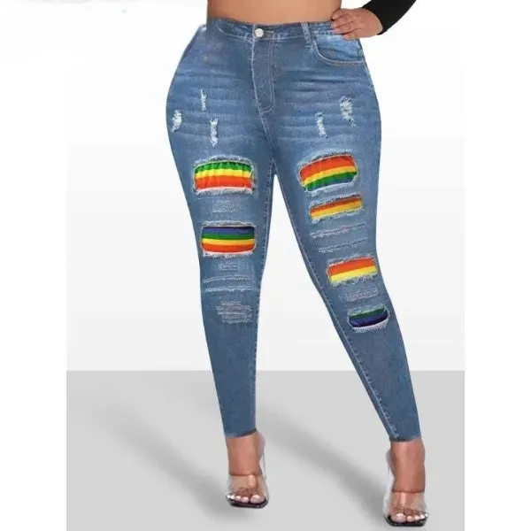 Women's Sexy Ripped Rainbow Printed Patchwork High Rise Skinny Pants