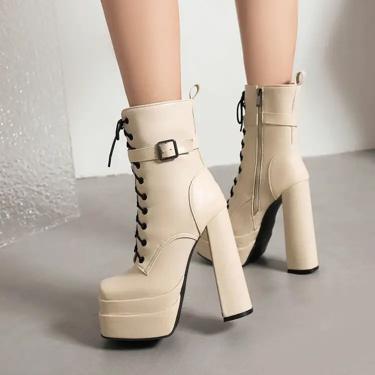 Women's Square Toe Lace-Up Buckle Straps Side Zippers Block Chunky Heel Platform Short Boots