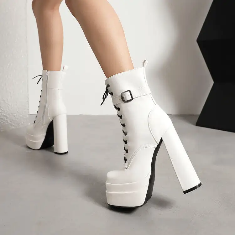 Women's Square Toe Lace-Up Buckle Straps Side Zippers Block Chunky Heel Platform Short Boots