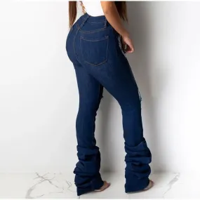 Women's Streetwear Ripped High Waist Full-length Denim Flare Jeans