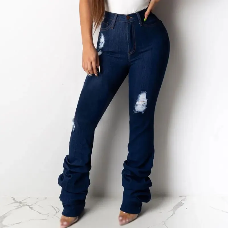 Women's Streetwear Ripped High Waist Full-length Denim Flare Jeans