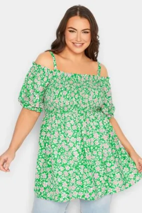 YOURS Curve Green Floral Print Cold Shoulder Top