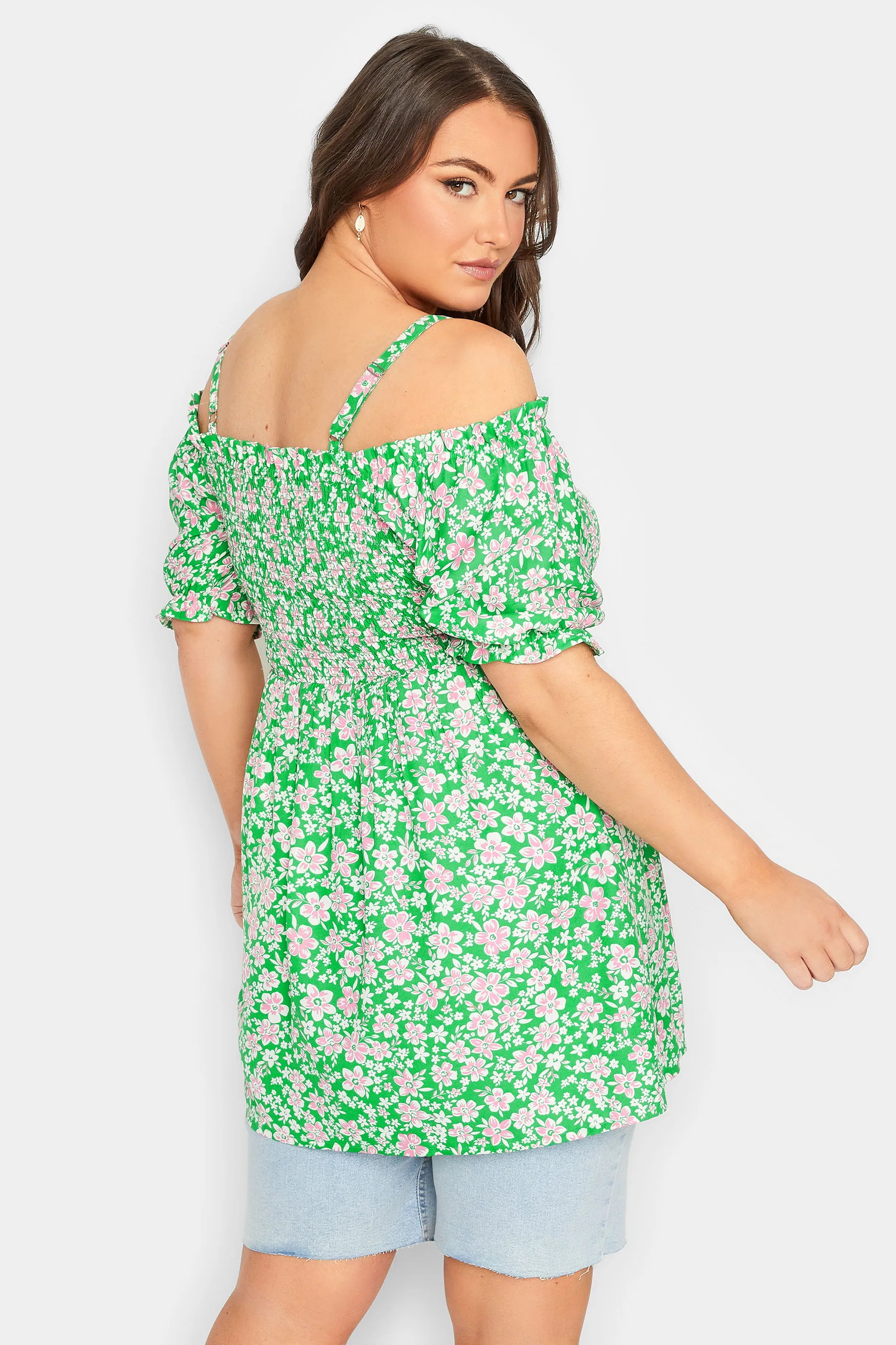 YOURS Curve Green Floral Print Cold Shoulder Top