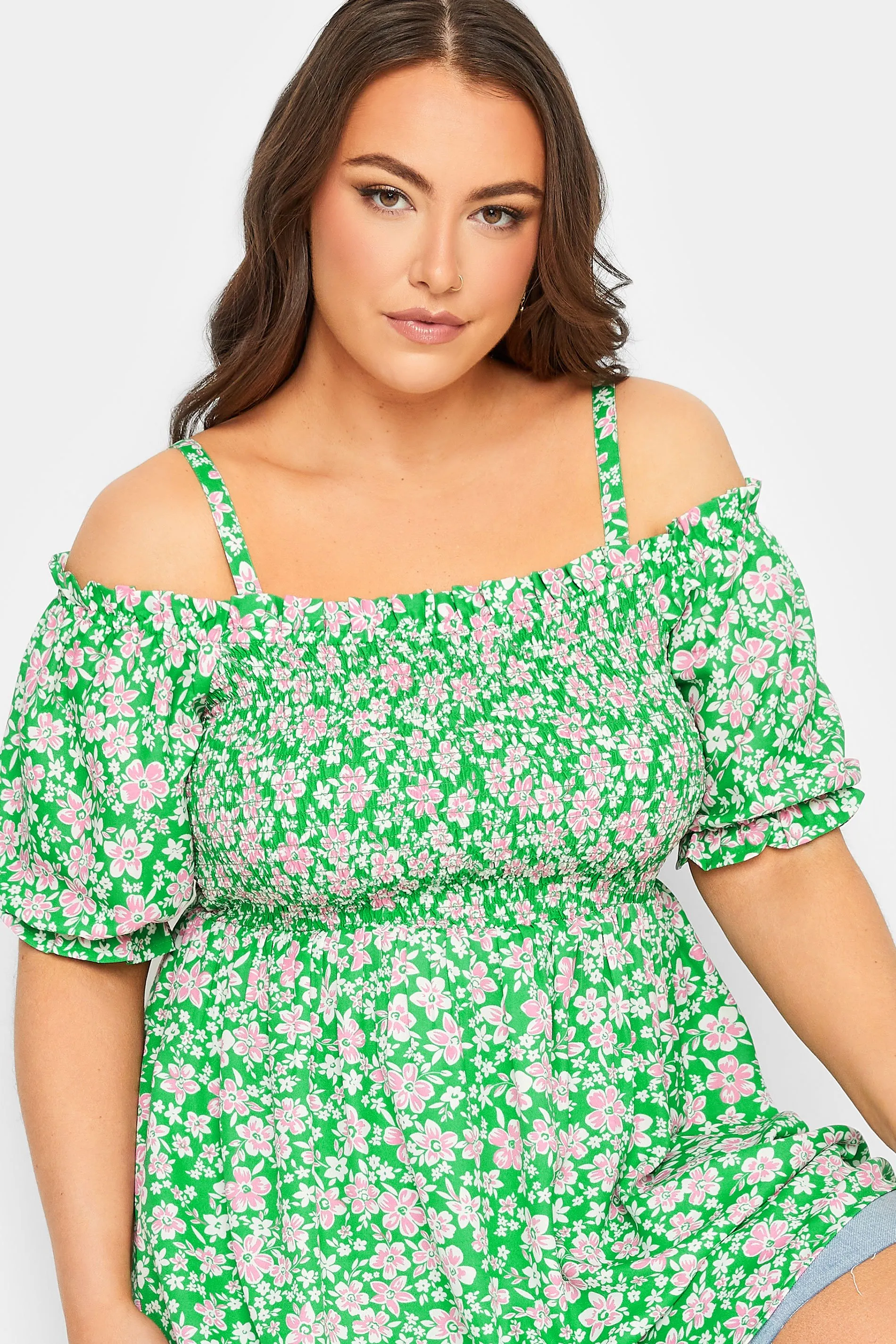 YOURS Curve Green Floral Print Cold Shoulder Top