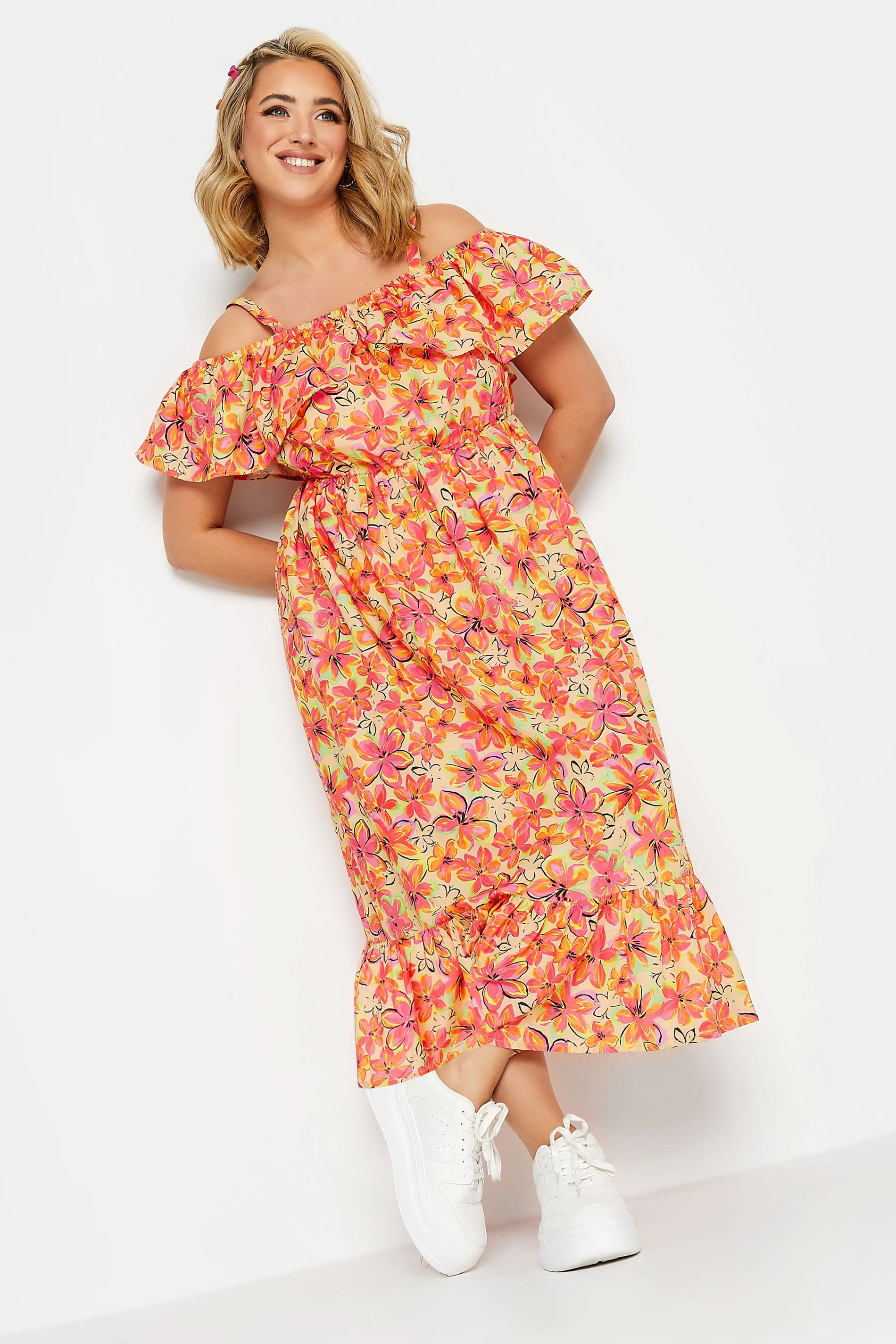 YOURS Curve Orange Floral Frill Cold Shoulder Midi Dress