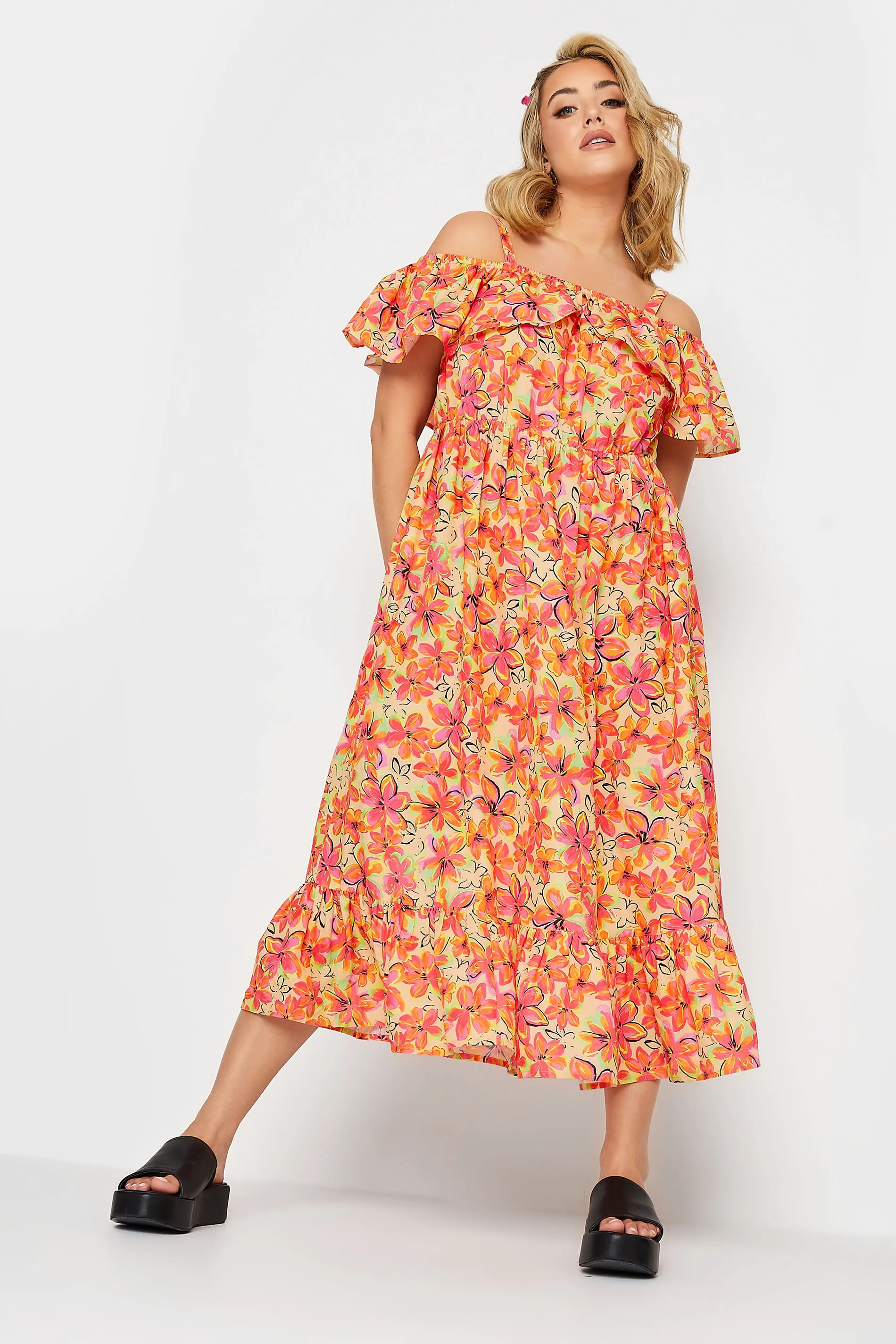 YOURS Curve Orange Floral Frill Cold Shoulder Midi Dress