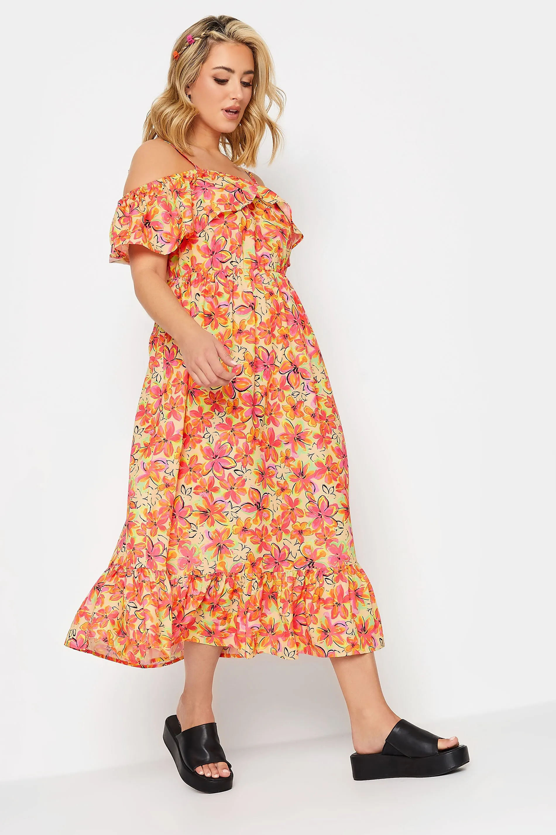 YOURS Curve Orange Floral Frill Cold Shoulder Midi Dress