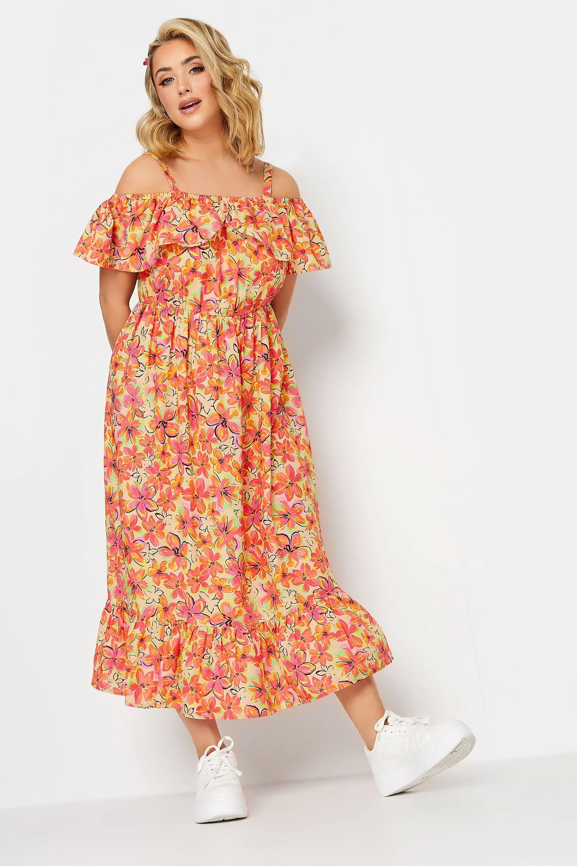 YOURS Curve Orange Floral Frill Cold Shoulder Midi Dress