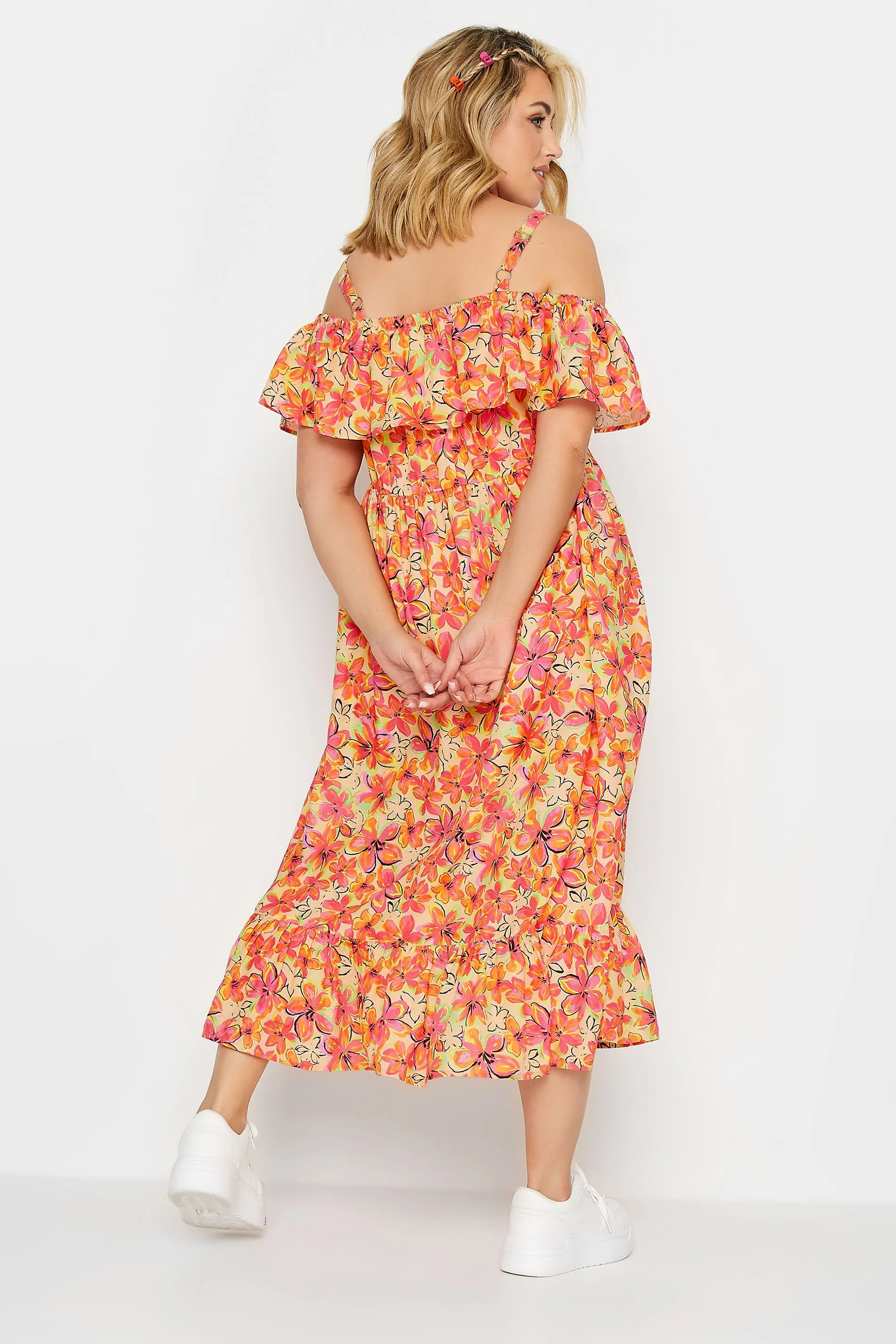 YOURS Curve Orange Floral Frill Cold Shoulder Midi Dress