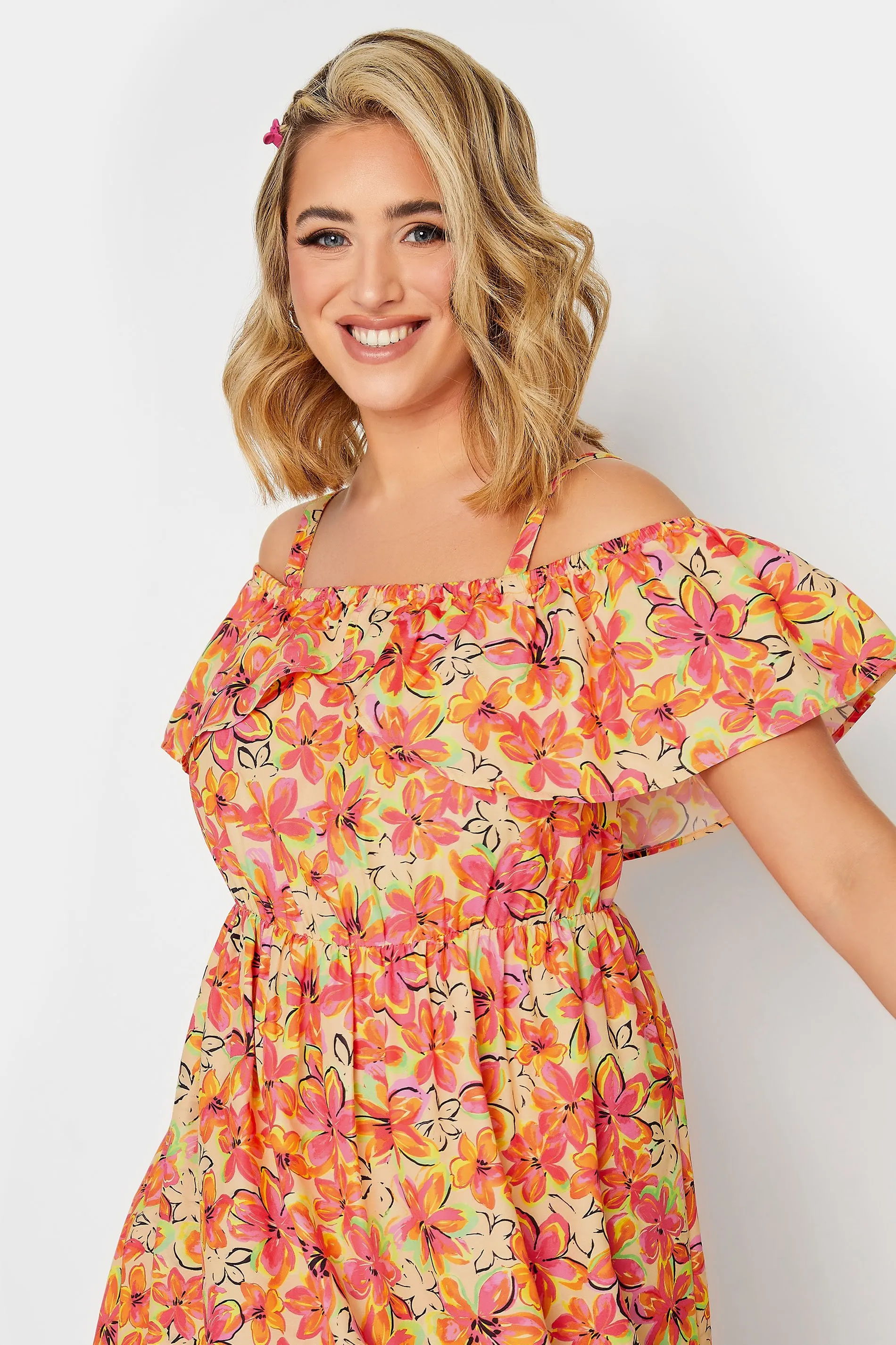 YOURS Curve Orange Floral Frill Cold Shoulder Midi Dress