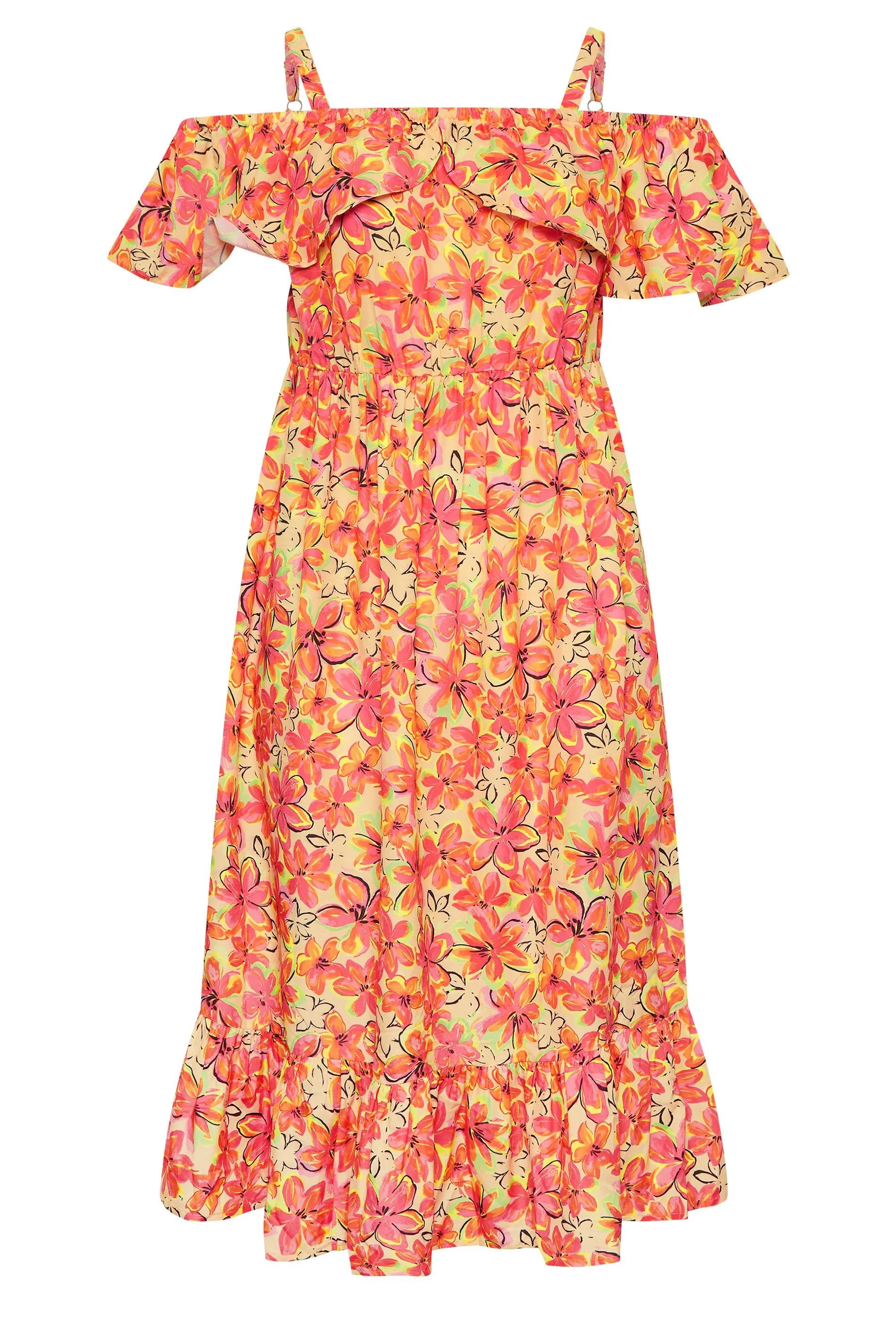 YOURS Curve Orange Floral Frill Cold Shoulder Midi Dress