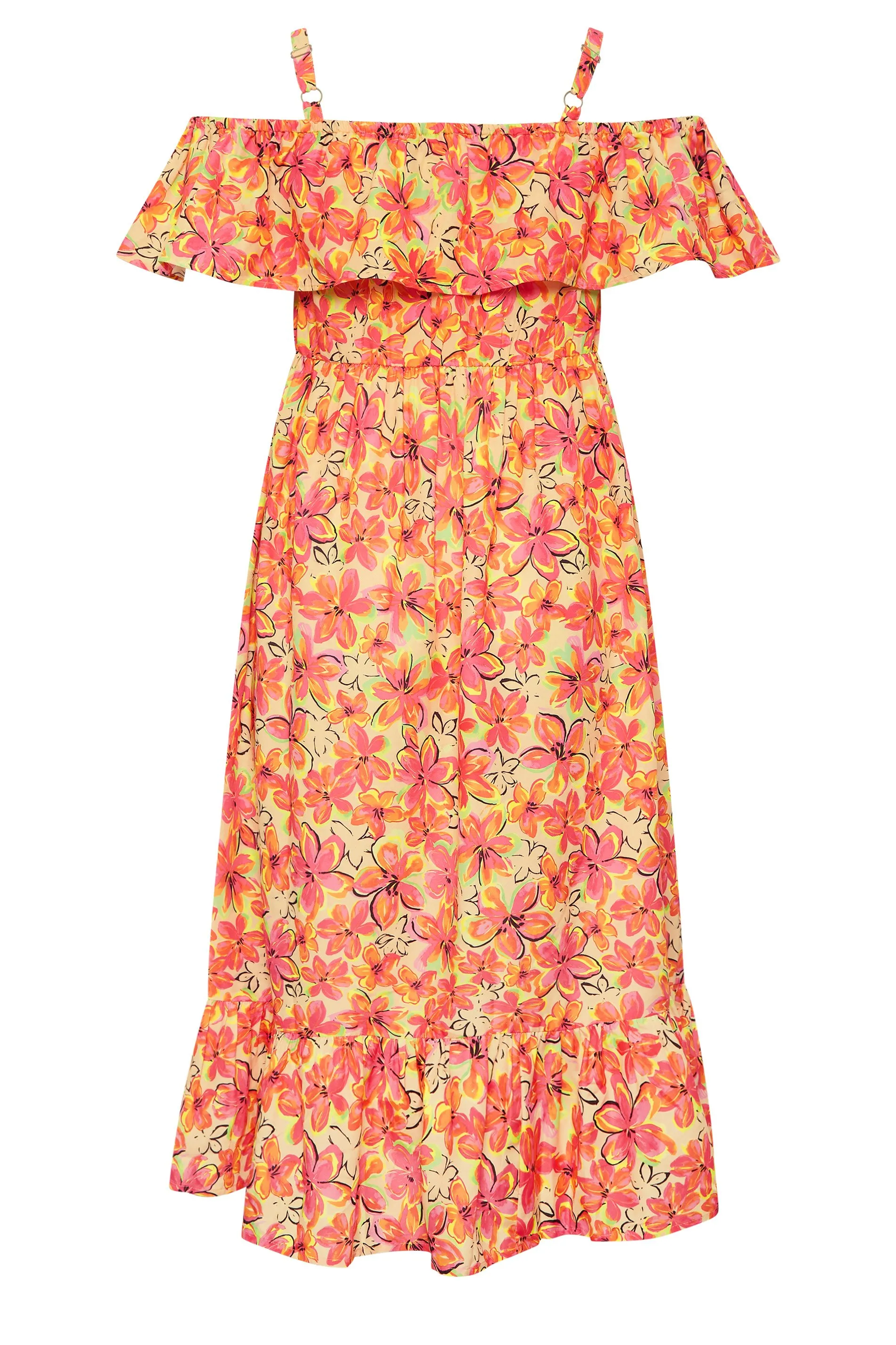 YOURS Curve Orange Floral Frill Cold Shoulder Midi Dress