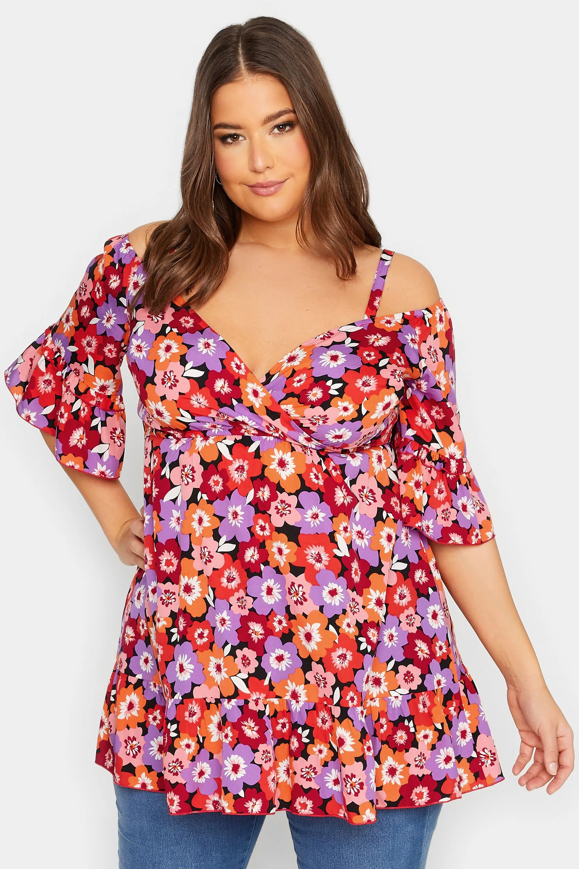 YOURS Curve Purple Floral Print Cold Shoulder Top