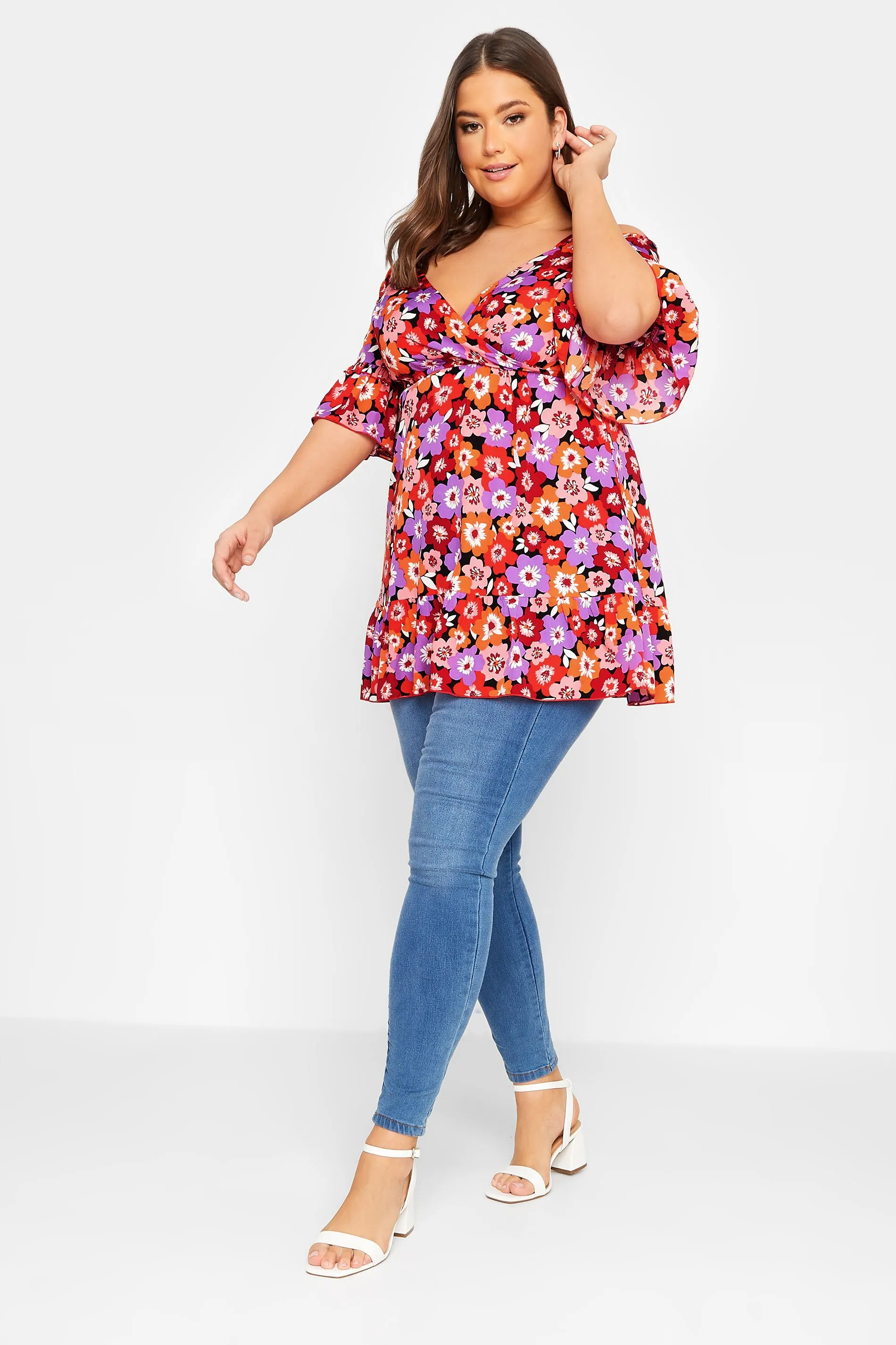 YOURS Curve Purple Floral Print Cold Shoulder Top