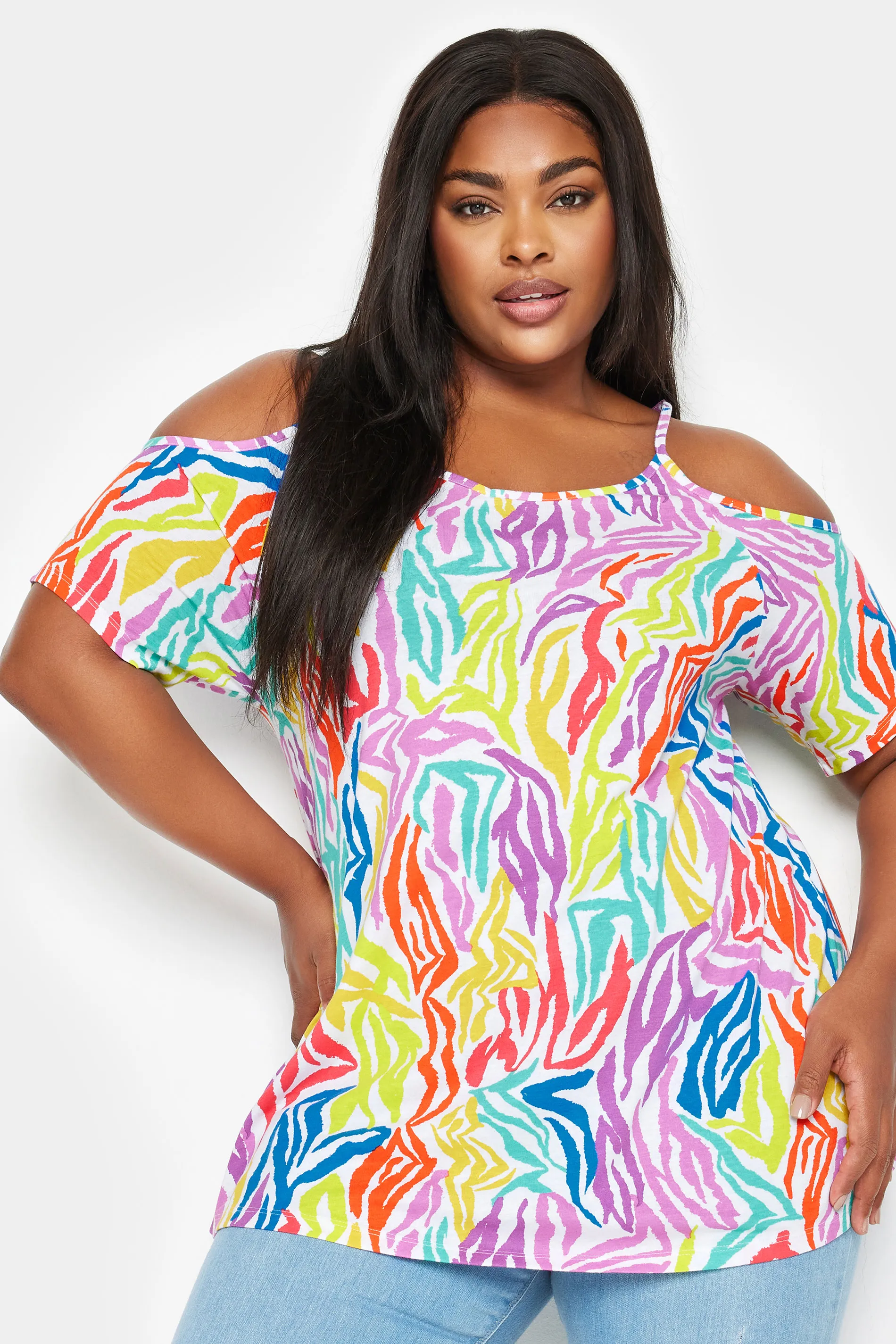 YOURS Curve White Rainbow Zebra Print Cold Shoulder Top