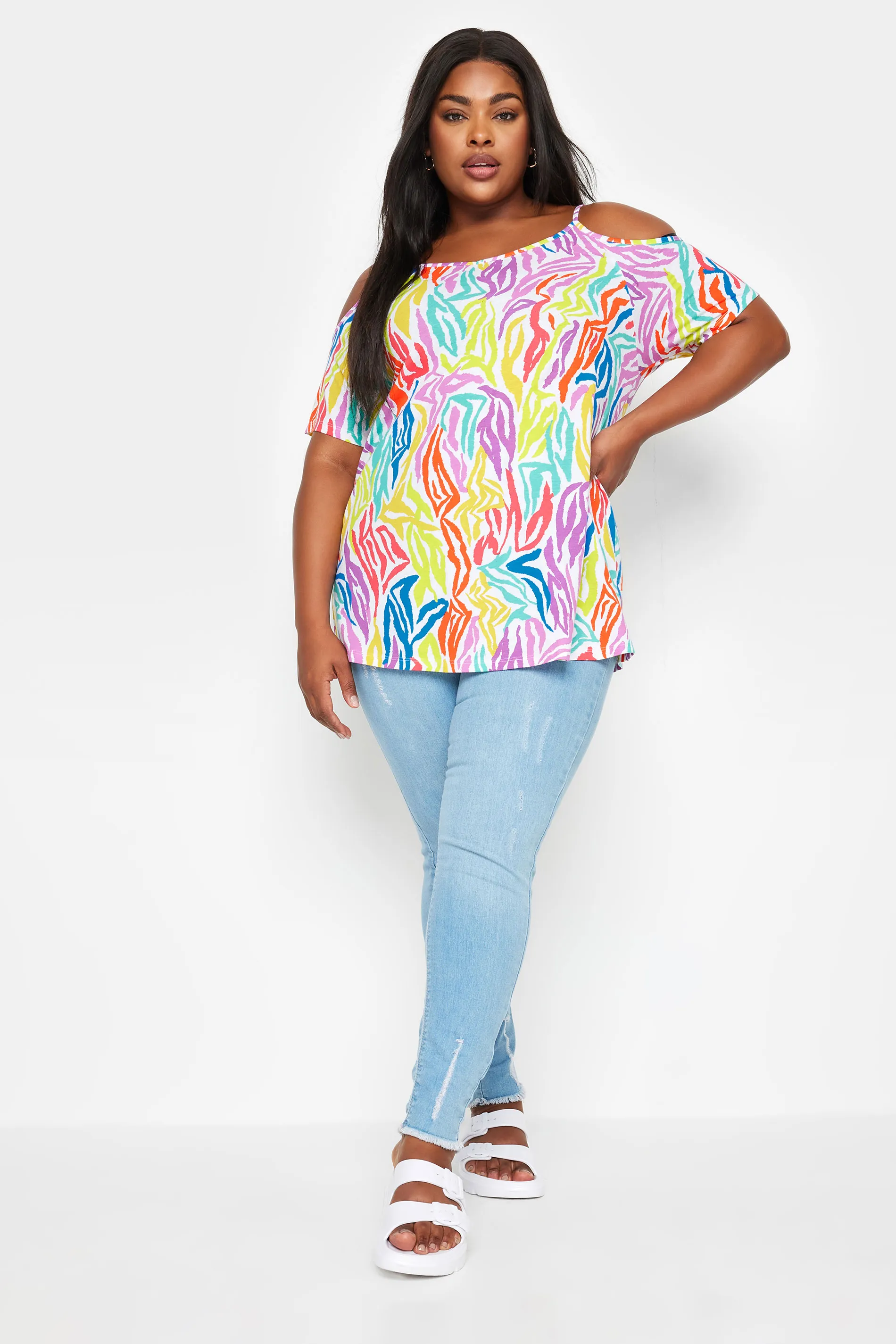 YOURS Curve White Rainbow Zebra Print Cold Shoulder Top