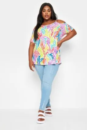 YOURS Curve White Rainbow Zebra Print Cold Shoulder Top