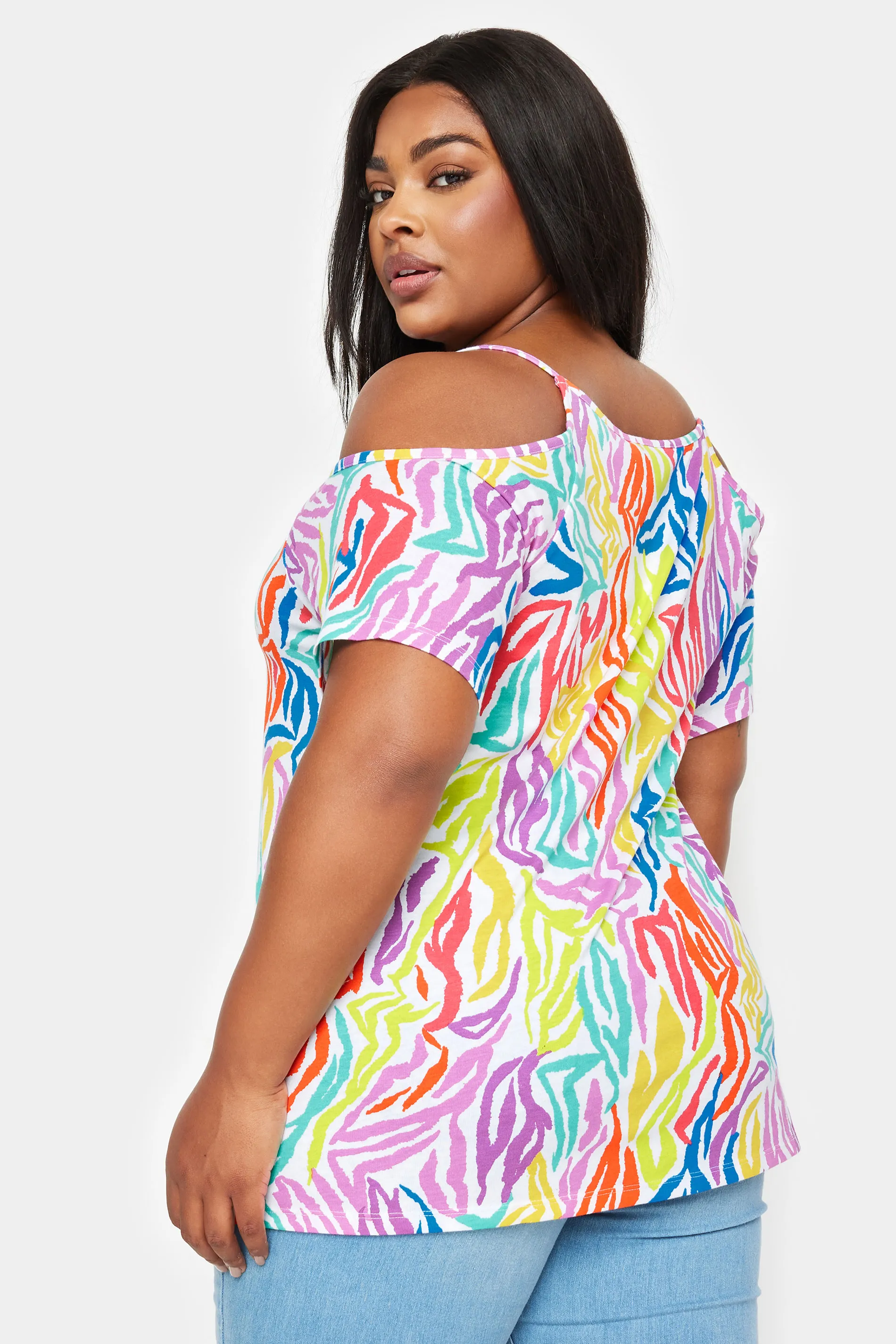 YOURS Curve White Rainbow Zebra Print Cold Shoulder Top